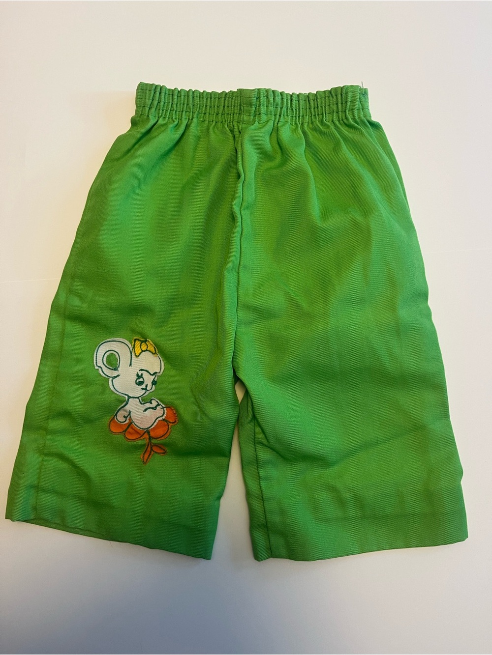 Vintage Green Children's Pants with Cute Mouse Embroidery